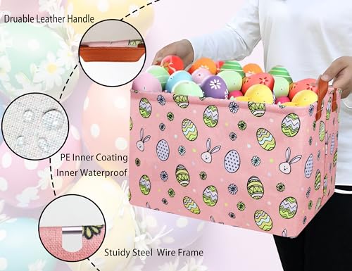 Image of Large Rectangular Easter Baskets Empty Waterproof Boy Toy Box Foldable Kid's Gifts Storage Bin Spring Room Decor(Pink Black Line Egg)