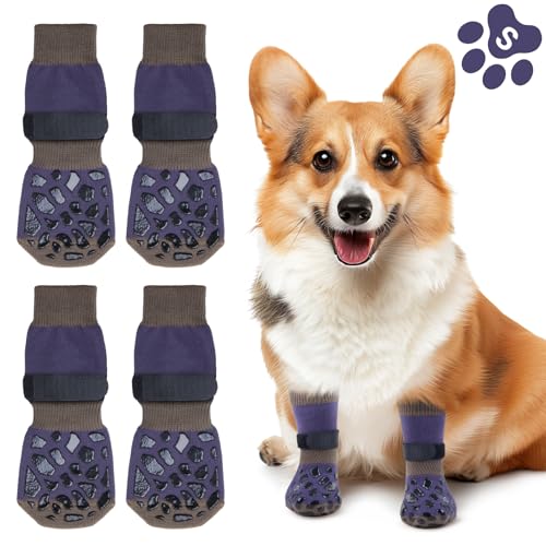 Oiyeefo Anti-Rutsch Hundesocken, 2 Paar Verletzungen Pfotenschutz Innenräume Hundeschuhe mit Verstellbarem Klettverschluss und Doppelseitige Silikongel für Kleine Mittlere und Große Hunde (Größe S)