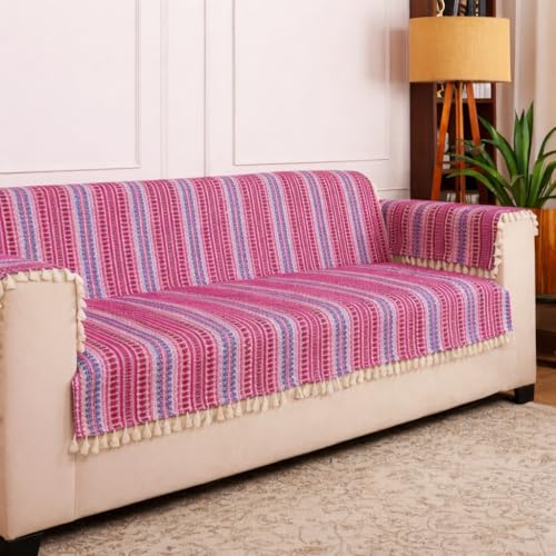 Image of Gifts Island 4 Seater Cotton Sofa Cover Mat | Anti Slip Sofa Cover Throw | All Over Furniture Protector with Elastic Straps | Washable Couch Cover for Living Room (Pink, 4 Seater)