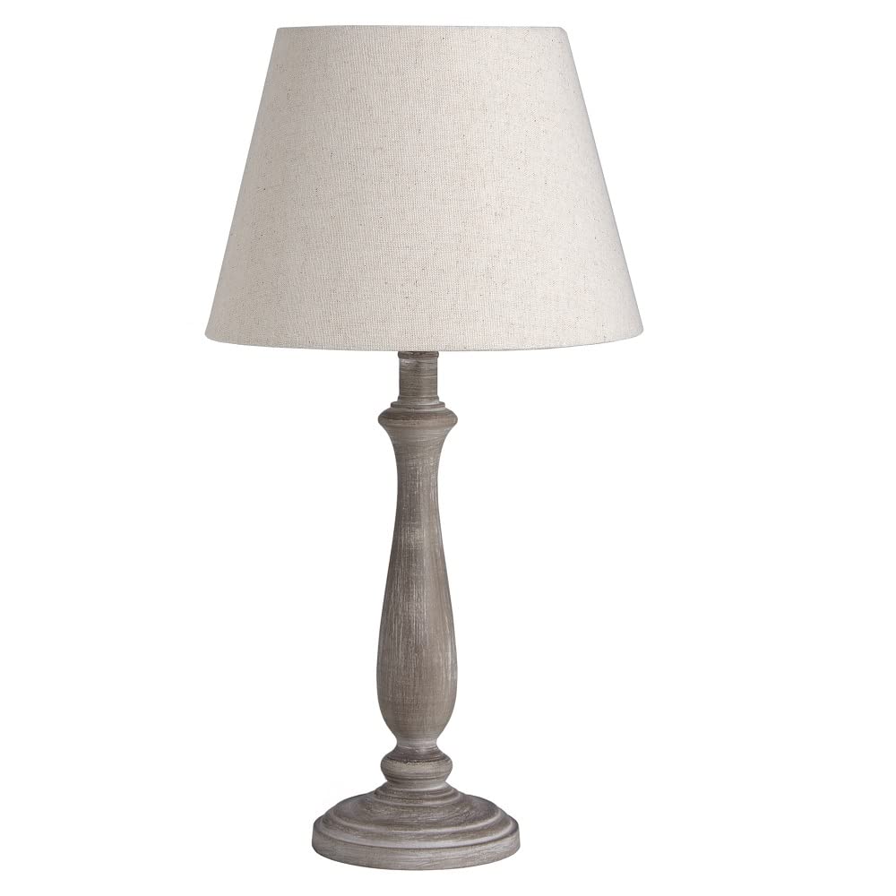 Britalia Grey Washed Wood Vintage Rustic Table Lamp With Linen Fabric Tapered Shade | 53Cm Height | 1 X Es E27 Lamp Bulb Required | Uk Approved | In-Line On Off Switch | Wooden Lathe Turned