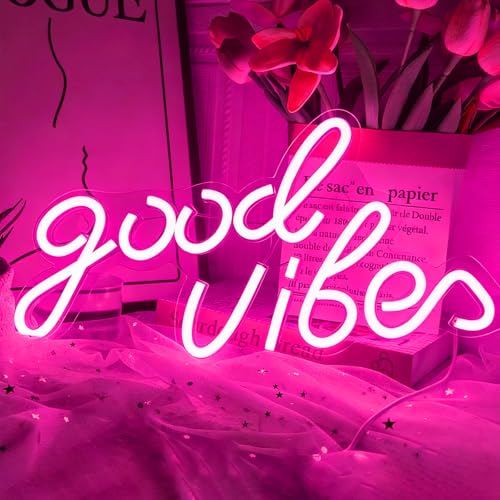 Image of Good Vibes Neon Sign Pink Good Vibes Neon Lights USB Operated Aesthetic LED Signs for Bedroom Wall Decor Birthday Party Wedding Salon Bar Home Girl Cave