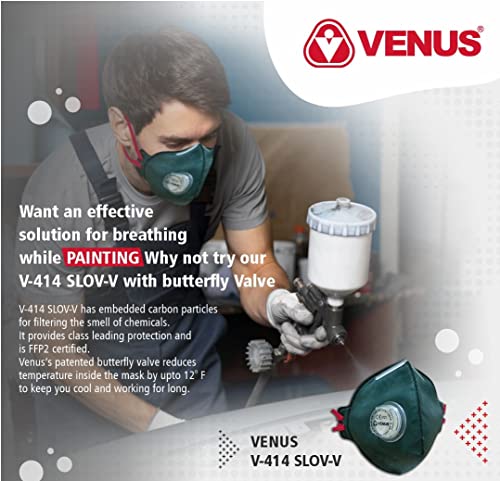 Image of VENUS - V-414 SLOV-V - FFP2 Painting Respirator Mask - CE Approved, Unisex Fold Flat Design with Stay Cool Exhalation Valve & Carbon Filter for Chemical Odors, Head Loop - Pack of 5