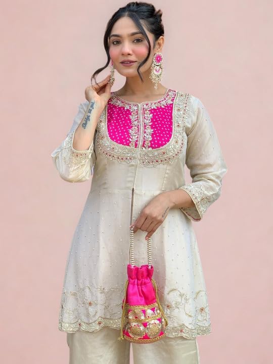 Image of Wedding Outfit For Women Embroidered Shrara Set For Women Designer Silk Kurta With Sharara Pants Festive Ethnic Wear Traditional Outfit For Celebrations Functions Ceremonies And Gatherings