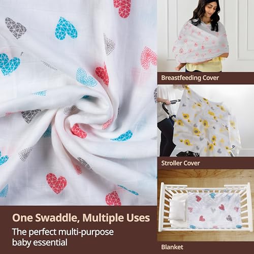 Image of LuvLap 100% Cotton Muslin Baby Swaddle Set, Baby Towel, Size-120cm x 100cm (47 inchx39 inch), Hearts Birds Printed on White, 0-18 Month+, Printed Mulmul Muslin Swaddle Wrap for New Born, Pack of 6