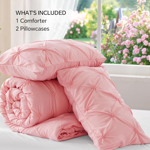 Image of BEDELITE Full Comforter Set Pink,Lightweight & Soft Comforter | Pintuck Boho Bedding, Warm & Cute Bed Set for All Season,With 2 Pillowcases