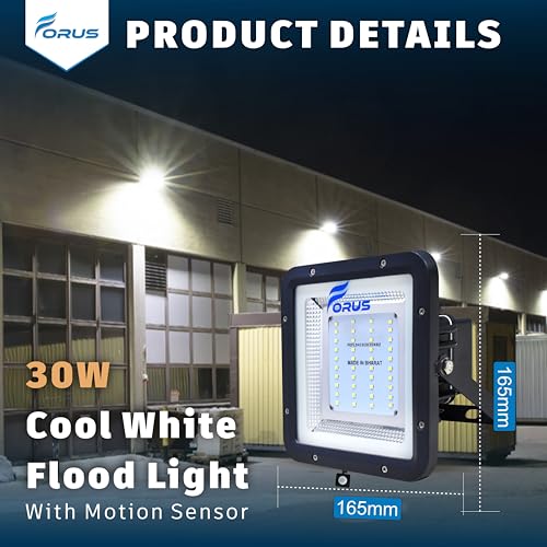 Image of Forus 30W LED Outdoor Flood Light with Motion Sensor, 8-15ft Detection, Day-Night Dual Mode, Auto On /Off, IP67 Waterproof, Security Light for Factory, Shop, Garden | 4-Year Warranty, Cool White-1PC