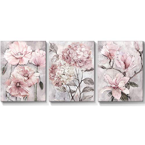 Lamplig Pink Wall Art Flowers Canvas Prints Floral Pictures Gray Modern Romantic Artwork Blush Bloom Painting Stretched Framed For Bathroom Living Dining Room Bedroom Home Wall Decor 12 X 16, 3 Panels #TOP6