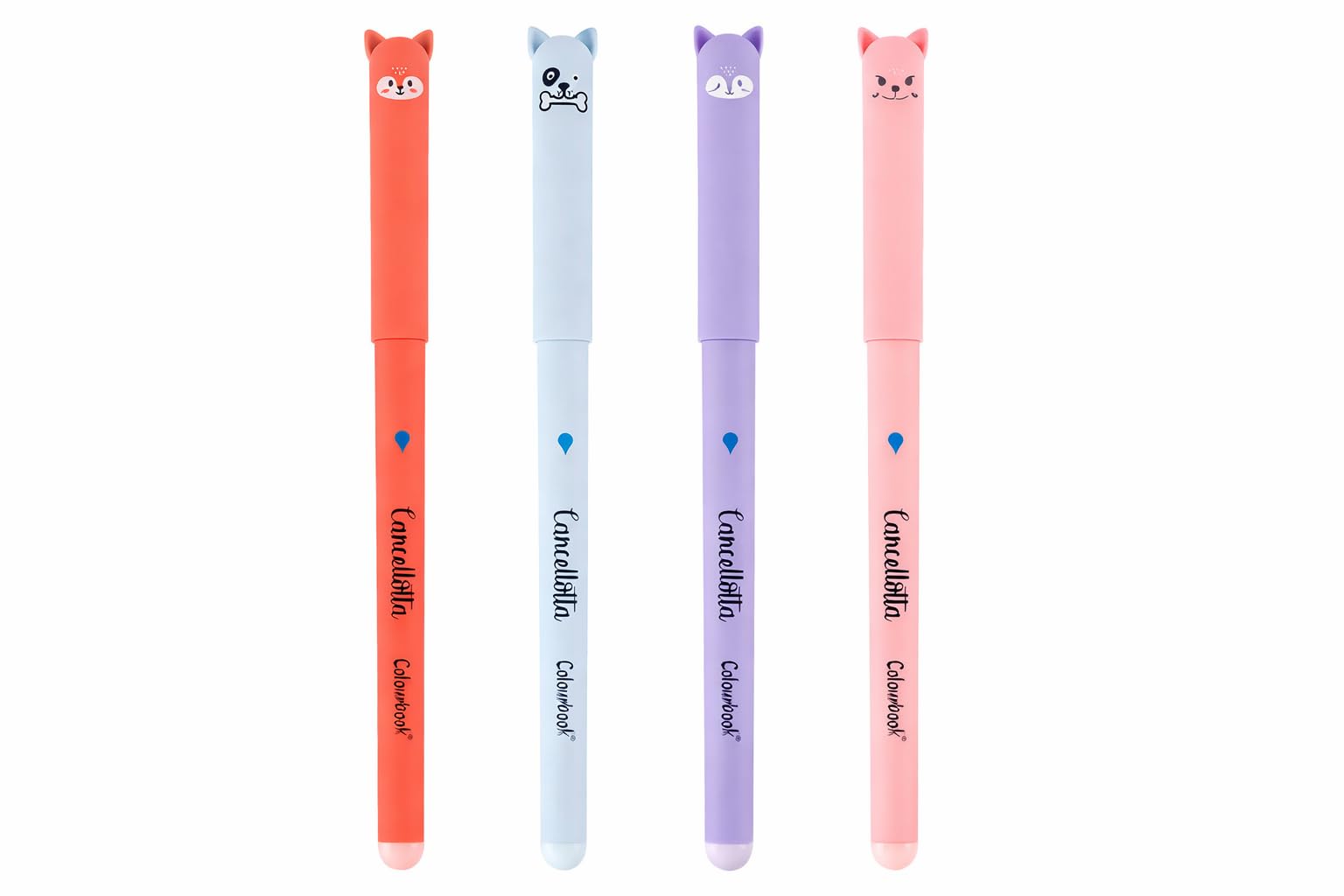 Colourbook Borrador - Juego de 24 bolígrafos borrables de gel azul, tinta azul termosensible, punta de 0,7 mm, recargables con toppers de animales, para escuela, tareas, estudio y diario