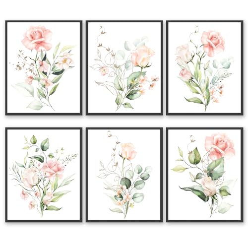 Admmixoo Aquarel Botanische muurkunst afbeelding minimalistische natuur bloemen plant canvas prints decor roze gouden rozen bloem groene bladeren poster wanddecoratie (roze aquarel roos, 20 x 25 cm