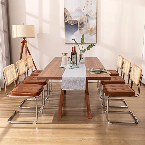 Image of Zesthouse Natural Rattan Dining Chairs Set of 6, Mid Century Modern Dining Room Chairs with Chrome Leg, Faux Leather Kitchen Chair with Solid Wood Back & Cane Mesh, Breuer Cesca Design Inspired, Brown