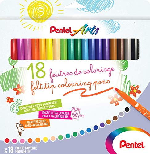Pentel Arts SCS2E-18, Feutres de coloriage Encre ultra-lavable, Pointe moyenne, Pack de 18 couleurs assorties