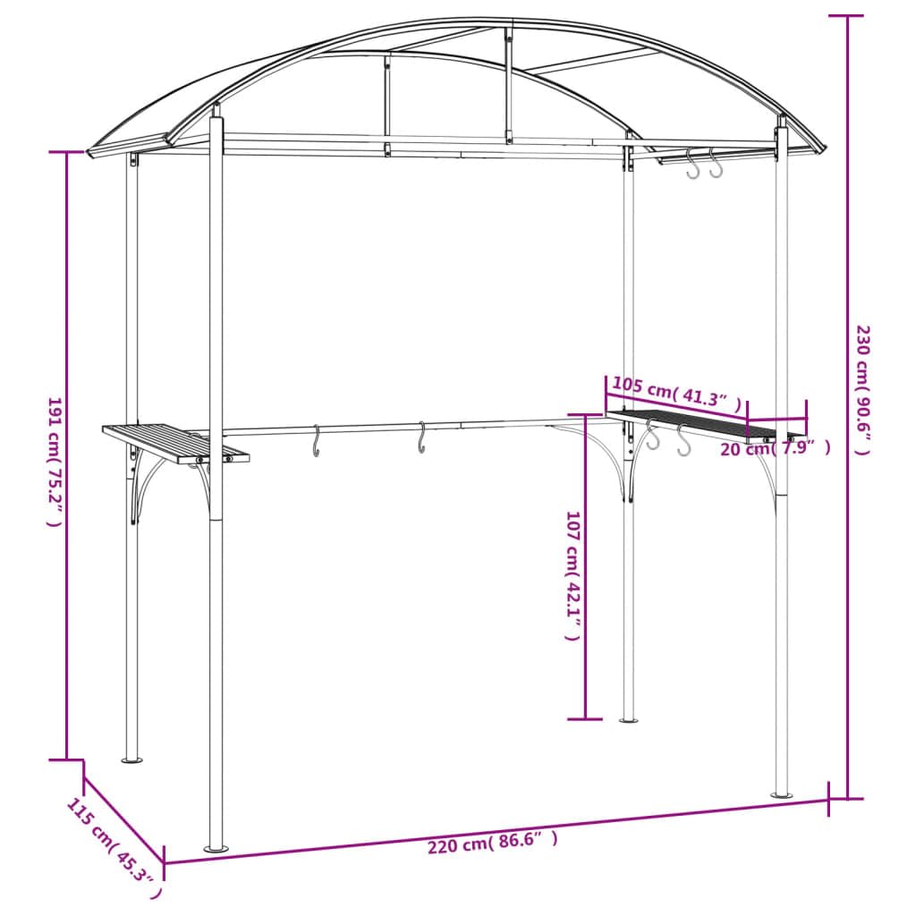 vidaXL Gazebo BBQ antracite 220x115x230 cm telaio termoisolante pioggia