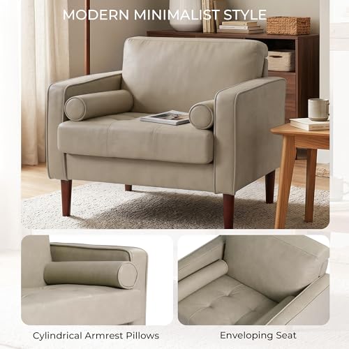Image of Faux Leahter Accent Chairs Stet of 2, Comfy Upholstered Armchairs for Living Room, Modern Bedroom Reading Seat with 2 Bolster Pillows, Cream