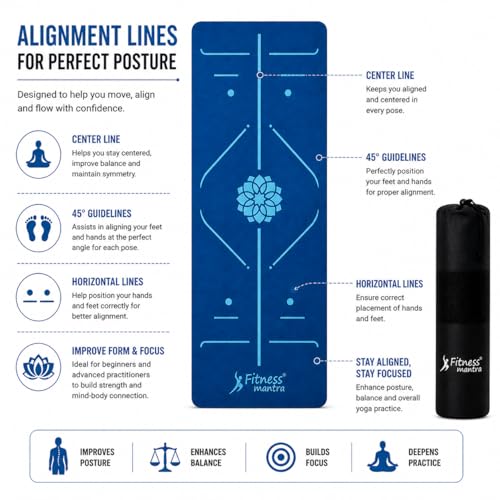 Image of Fitness Mantra TPE Yoga Mat for Women & Men | Anti-Slip Alignment Design | Premium Cushioning Exercise Mat for Yoga, Gym & Workout | Lightweight & Durable | 6mm Thickness |AlignFlow| Ocean Blue|