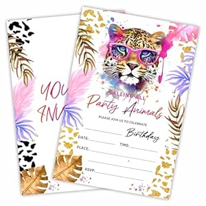 Leopard Print Birthday Invites, Party Animals! 20 Invite Cards With Envelopes – Double – Sided Fill In Style Invitation For Boys & Girls -Party Favors And Decorations – B01