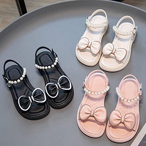 Kids Girls Open Toe Strappy Dress Casual Flat Solid Drawstring Rome Sandals Pearl Bow Ankle Princess Shoes3