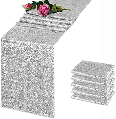 TCBESTO Silver Sequin Table Runner 5 Pack 12"x 72" Glitter Metallic Sparkly Table Runner Banquet Decoration for Baby Shower Wedding Birthday Event Party Supplies