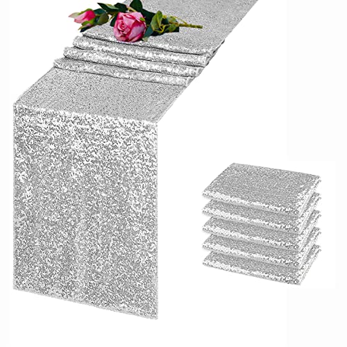 Tcbesto Silver Sequin Table Runner 5 Pack 12"X 72" Glitter Metallic Sparkly Table Runner Banquet Decoration For Baby Shower Wedding Birthday Event Party Supplies #TOP2