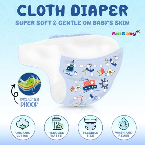 Image of Ambaby Leakage-Proof Cloth Diaper for Babies (0-3 Years) | Reusable & Washable Adjustable Baby Diapers with 2 Cloth Diapers & 2 High Absorbent Inserts | Soft Cotton Nappy for Boys & Girls | Fits 5-17 kg