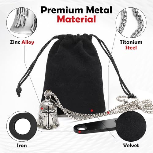 Image of Black Cross Motorcycle Bell Guardian Angel, Good Luck Motorcycle Bell Bikers with 2 Key Chain Ring Accessories, Black Hanger, Velvet Pouch and Titanium Steel Necklace
