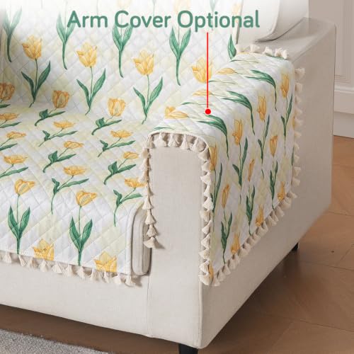 Image of HOKIPO Tulip Blossom Quilted Sofa Cover for 1 Seater with Tassels for Seat & Back, 'Tassel Twigs' Series (IN-989-T4)