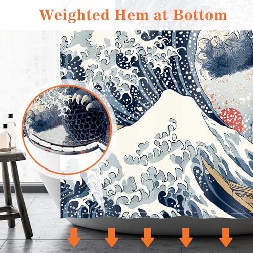 Image of Aimego Funny Cat Shower Curtain Japanese Nautical Anime Ocean Sea Wave Cool Unique Asian Whimsical Humorous Bathroom Decor Bathtub Curtain Fabric Shower Curtain Set with 12 Hooks, 72 inchx72 inch