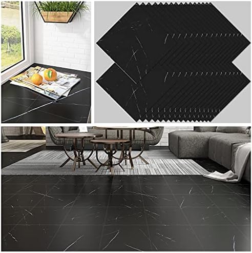 CHICHOME 12''x12'' Peel and Stick Floor Tile Black 32 Pack Marble Vinyl Floor Tiles Self Adhesive Vinyl Flooring Tiles Waterproof Removable Stick on Floor Tile for Bathroom Kitchen Bedroom Living Room