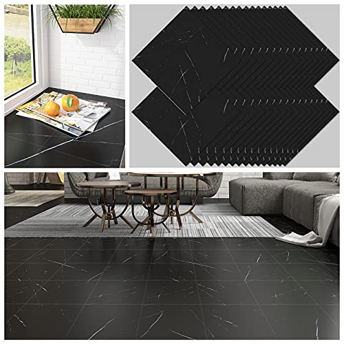 Chichome 12''X12'' Peel And Stick Floor Tile Black 32 Pack Marble Vinyl Floor Tiles Self Adhesive Vinyl Flooring Tiles Waterproof Removable Stick On Floor Tile For Bathroom Kitchen Bedroom Living Room #TOP17