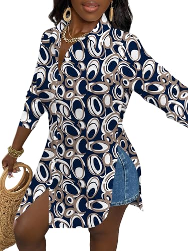 Image of LYANER Women's Collar Neck Long Sleeve Button Down Shirts Sexy Split Hem Tops Long Blouse Shirt Dress