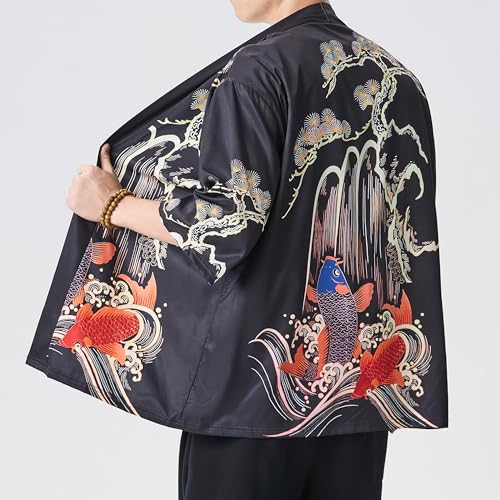 Image of Men's Japanese Kimono Robe Jacket Lightweight 3 /4 Sleeve Open Front Yukata | Silky Smooth Fashion Print Happi Coat Lightweight Breathable Loose Unisex Haori Casual Summer Cardigan Daily Beach Vacation