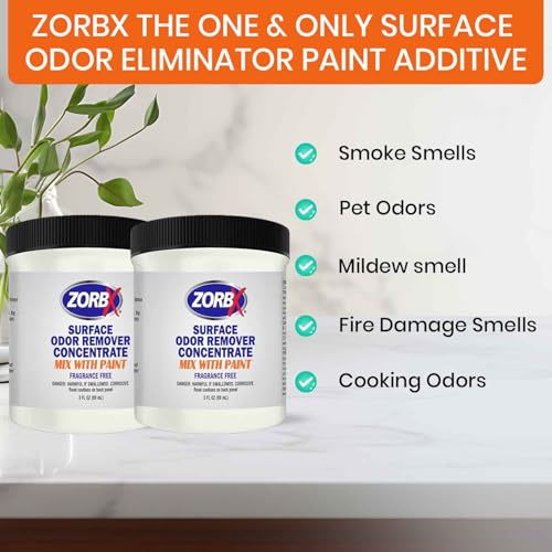 ZORBX 3 Oz Concentrate Surface Odor Remover Paint Additive – Mix 2 Jar in 4 Gallons of Paint for Wall, Ceiling & All Paintable Surface – Helps Remove Odor from Smoke, Mildew, Fire Damage, Cooking, Pet ZORBX 3 Oz Concentrate Surface Odor Remover Paint Additive – Mix 2 Jar in 4 Gallons of Paint for Wall, Ceiling & All Paintable Surface – Helps Remove Odor from Smoke, Mildew, Fire Damage, Cooking, Pet