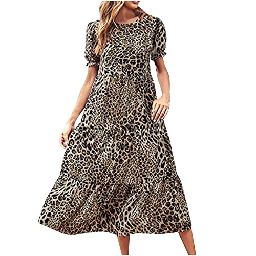 AMhomely Women Dresses Sale Clearance Summer Casual Boho Dress Floral Print Ruffle Puff Sleeve Printed High Waist Midi Beach Dresses for Special Occasions Plus Szie UK Size S-5XL