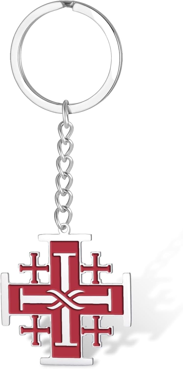 HURUMA Jerusalem Crusaders Cross Keychain Stainless Steel Religious Prayer Amulet Keyring Jewelry Gift for Women Men, Red