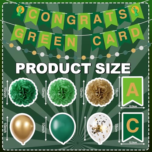 Image of RoundFunny 45 Pcs Green Card Themed Party Decorations Pre-strung Congrats Permanent Resident Banner Green Gold Confetti Balloons and Pom Poms for Immigration Success Celebration