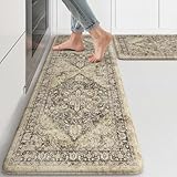KIMODE Anti Fatigue Kitchen Mat, Boho Distressed Kitchen Rugs Sets of 2, Kitchen Floor Mats Non Slip Cushioned, Waterproof Standing Mat for Laundry, Office, Sink, Desk, Brown 17'x47'+17'x29'