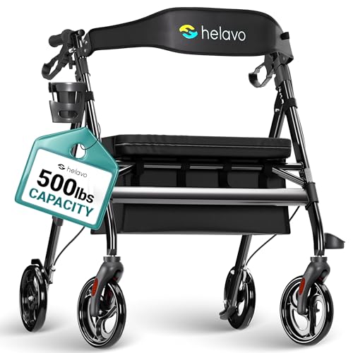Helavo Bariatric Walker with Large, Height-Adjustable Seat, 550 lbs Weight Capacity, All Terrain 8-inch Wheels, 28-inch Wide - Extra Wide Heavy Duty Rollator for Seniors