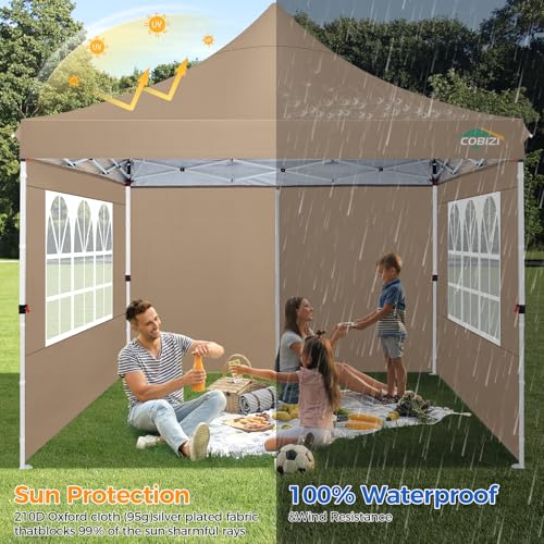 Image of COBIZI 10x10 Pop Up with 3 Sidewalls, Canopy Tent 10x10 for Parties, Backyard, Commercial, Waterproof and Portable Instant Shelter UV50+ Outdoor Canopy Gazebo with 4 Sandbags(Brown)