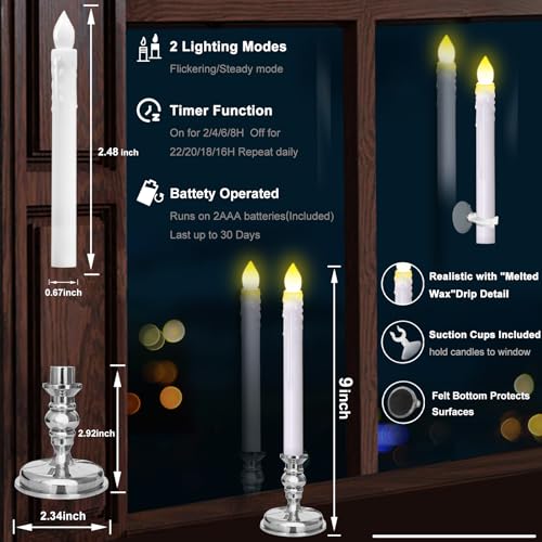 Image of 12 Pack Flameless LED Window Candles with Drip Texture,Removable Candle Holders,24 AAA Batteries,Daily Timer,ON /Off Remote,12 Window Suction Cups,Christmas Home Wedding Decor (Sliver)