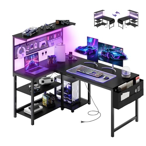 YOUDENOVA ゲーミングデスク L字デスク パソコンデスク 幅120cm ペグボード付き LEDライト 電源コンセント/USBポート付き 左右入れ替え可能 収納ラック/サイドポケット付き PCデスク オフィスデスク ワークデスク 勉強机 在宅勤務 省スペース 組立簡単 ブラック