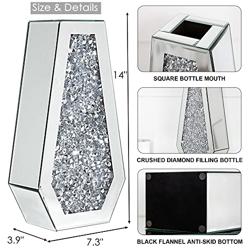 Crushed Diamond Mirrored Flower Vase Large Glass Vase Modern Crystal Decorative Mirror Vases Stunning Luxury Tall Floor Vase for Centerpieces Flowers Home Decor, Silver, 14" H. Can’t Hold Water. - Image 3