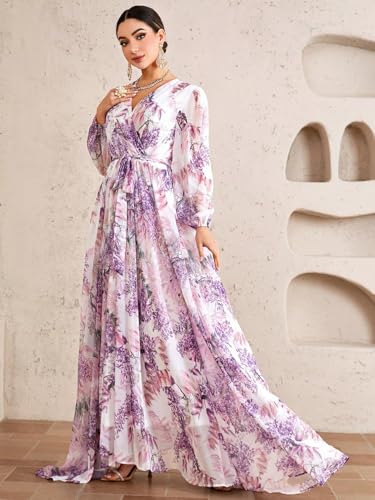 Image of TOLEEN Summer Casual Dresses for Women 2024 Spring Fashion Boho V Neck Long Sleeve Ruffle Floral Print Elegant Maxi Dress