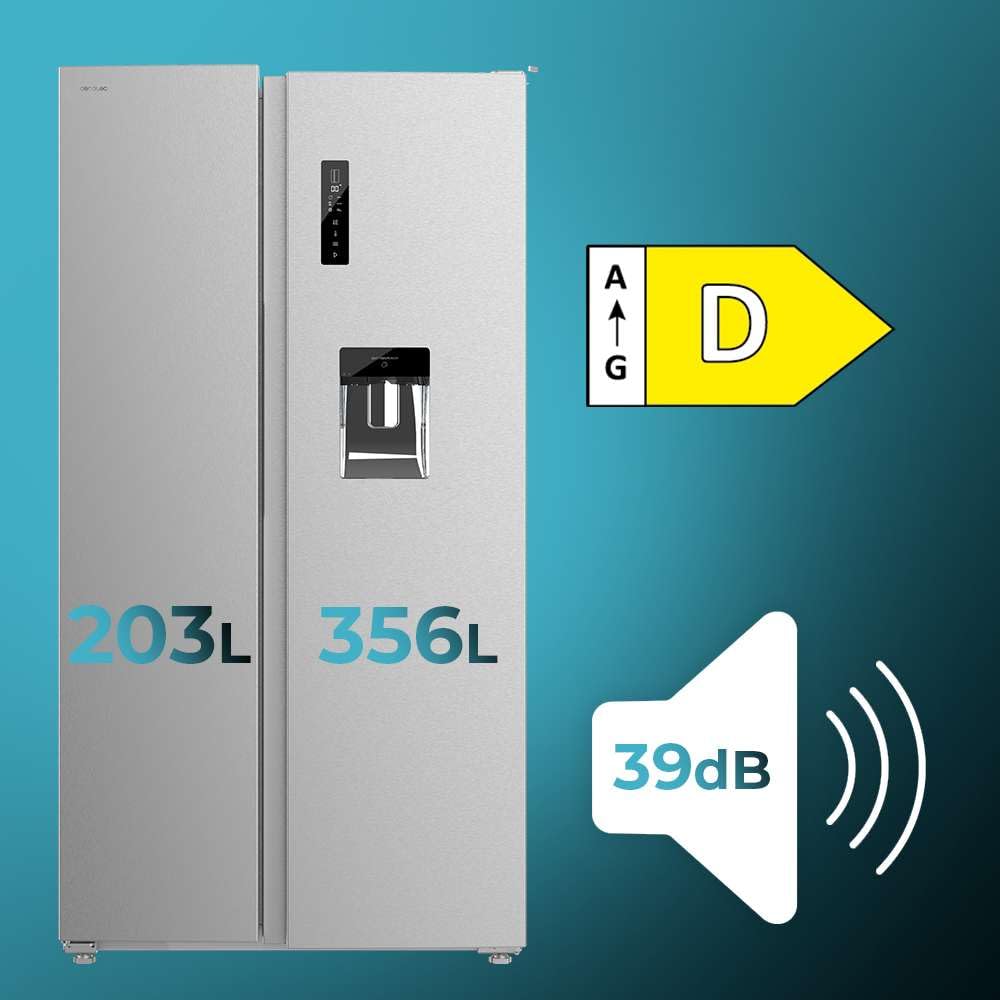 Cecotec Réfrigérateur Américain de 559 Litres Bolero CoolMarket SBS 562 Inox D. 177 cm de Hauteur et 90 cm de Largeur, Classe D, Système Multi Air Flow, No Frost Total, Moteur Inverter Plus