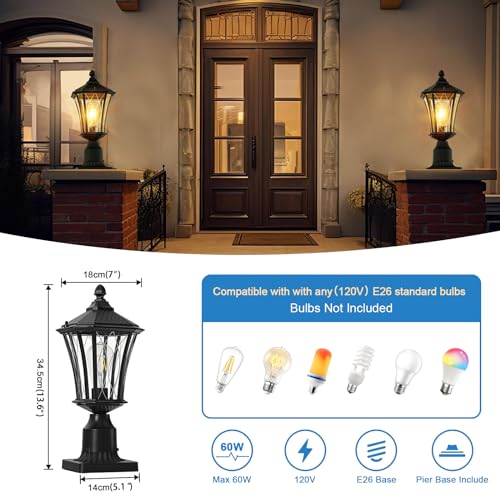 2 Pack Aluminum Outdoor Post Lights for Courtyard Lawn Driveway Entryway, Waterproof Outside Post Lamp Pole Light with 3" Pier Mount Base, Exterior Pier Mount Outdoor Lanterns Lighting