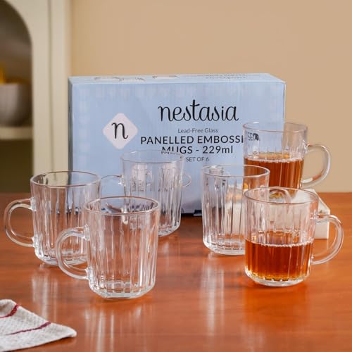Image of Nestasia Set of 6 Transparent Glass Tea Cups (230ml Each) - Ribbed Durable & Chip-Resistant Coffee Mugs | Perfect for Coffee, Tea, Hot & Cold Beverages