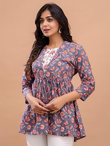 Image of feranoid Women's Cotton Floral Printed Short Kurti Tunic Top