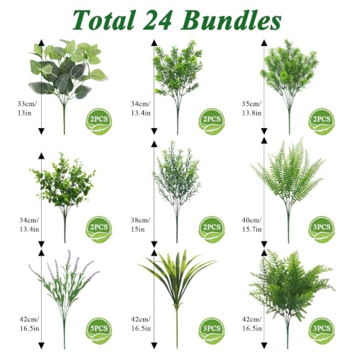 Image of 24 Bundles Artificial Greenery for Outdoor Fake Green Plant Eucalyptus Fern | Mixed Plastic UV Resistant Faux Greenery Stems for Outside Indoor Home Garden Window Box Front Porch Decoration