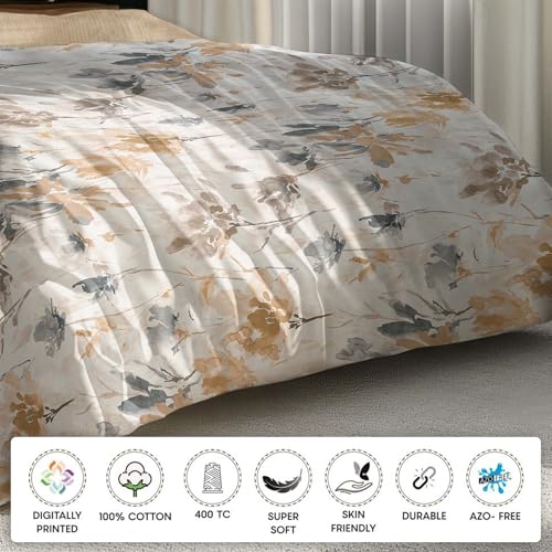 Image of LANE LINEN 400TC Morrison Bloom Super King Size Bedsheet with 4 Pillow Cases | 100% Cotton Digital Print Bedding Set (2.74 M x 2.74 M) | Modern Floral Pattern for Luxurious Comfort (Brown White)