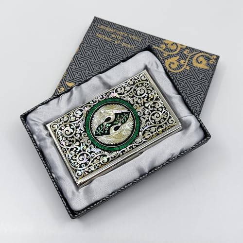 Image of Mother of Pearl Business Card Case Credit Id Name Holder Travel Wallet Art Painting Design Metal Stainless Steel Engraved Slim Purse Pocket Cash Money Wallet -Crane-(Kiss)