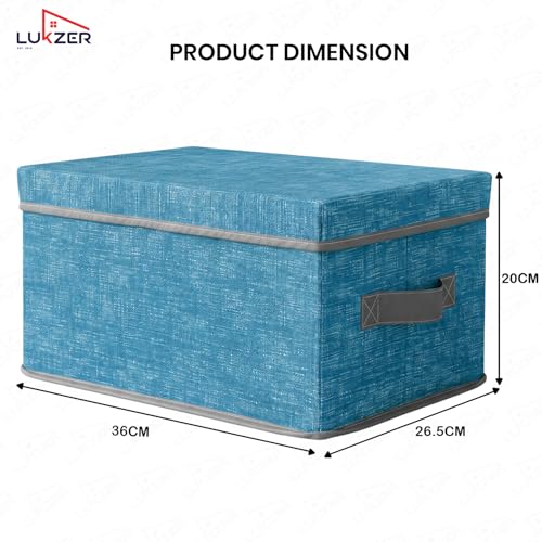 Image of Lukzer 4PC Blue & Grey Foldable Storage Box with Lid & Reinforced Handle | Fabric Wardrobe Clothes Organizer Basket Bin for Sarees, Blankets, Toys, Books & Closet /Almirah Storage (36 x 27 x 20 CM)