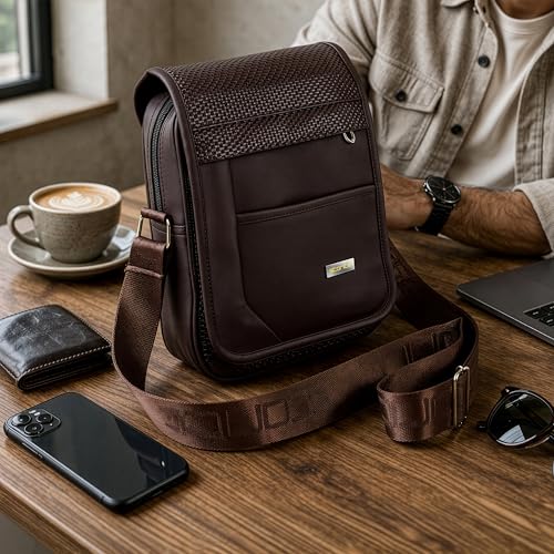 Image of Storite PU Leather Messenger Bag, Dark Brown, 20.5x6x30 cm